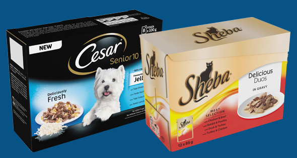 Packs of Sheba and Cesar petfoods.