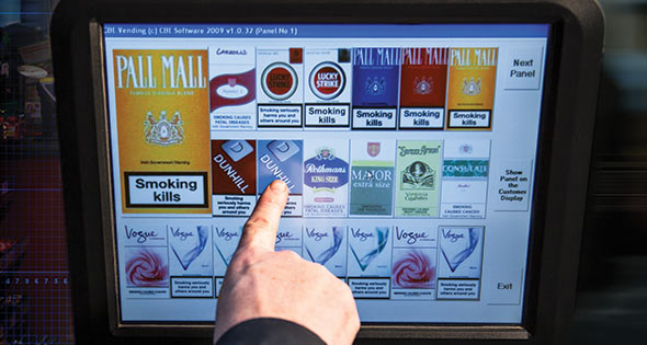 Touch screen display showing various cigarette brands