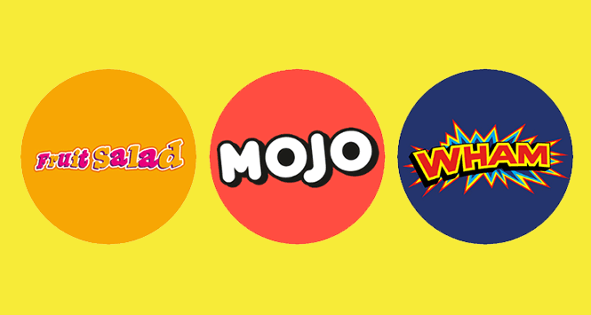 Fruit Salad, Mojo and Wham logos
