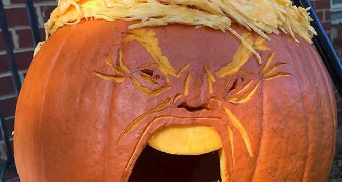 Pumpkin carved to look like Donald Trump
