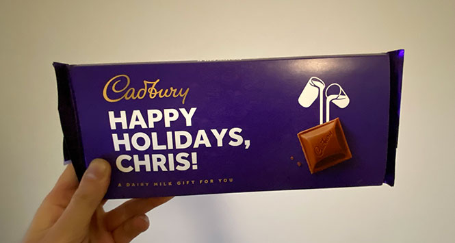 'Happy Holidays Chris' chocolate bar