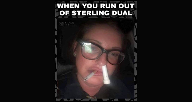 Woman smoking cigarette with menthol inhaler up one nostril