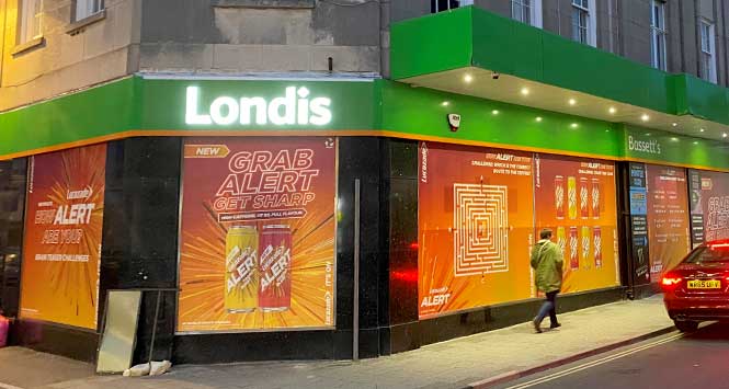 Londis store with Lucozade window wraps