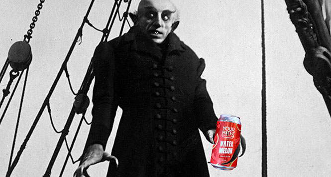 Vampire holding a can of Watermelon Sour Beer