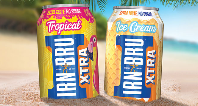 Irn Bru Xtra Tropical and Ice Cream cans