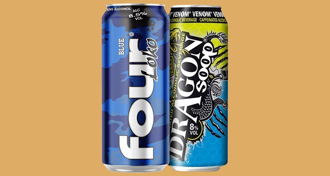 Cans of Four Loko and Dragon Soop