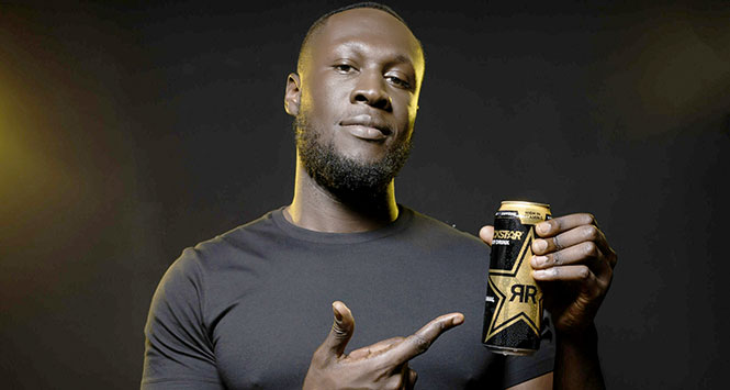 Stormzy holding a can of Relentless