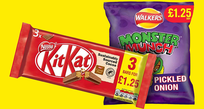 Pack of Monster Munch and a four-finger KitKat