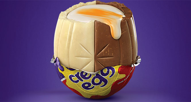 Half-white, half-milk Cadbury Creme Egg.