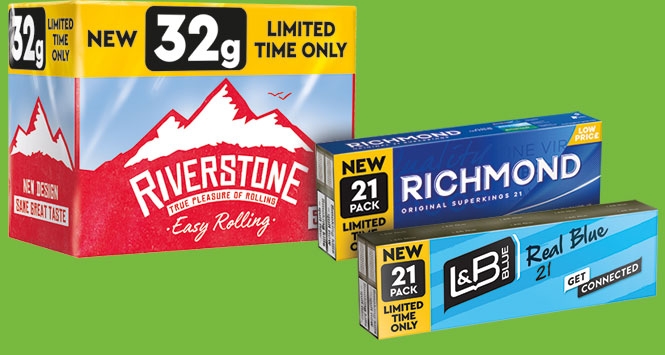 Richmond 21s, L&B Blue 21s and Riverstone 32g rolling tobacco
